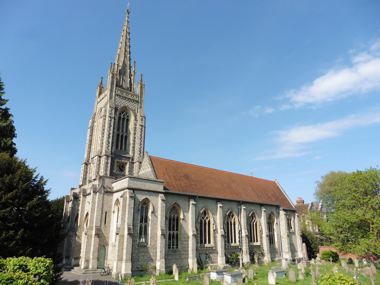 All Saints' Church, Marlow, its spire against a blue sky